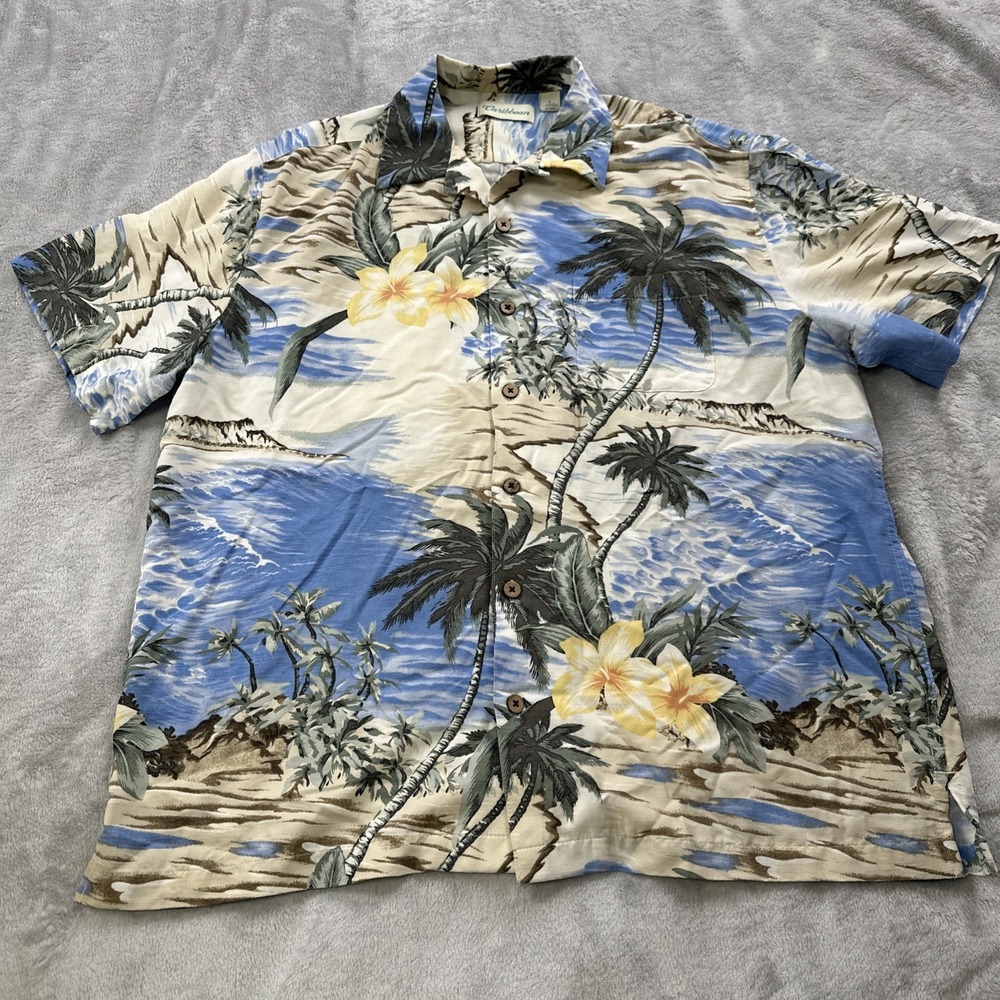 Caribbean Hawaiian Shirt Men's Size Large All Over Island‎ Beach Palm Tree Print
